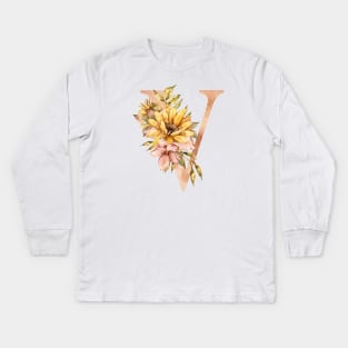 Watercolor sunflower bouquet monogram letter V Kids Long Sleeve T-Shirt